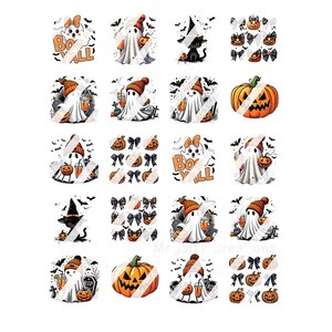 May include: A set of 16 Halloween themed digital clipart images. The images feature ghosts, pumpkins, bats, and the phrase "Boo Y'all".