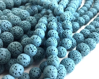 6-10mm Turquoise Lava Stone Beads – Round Volcanic Rock Chakra Healing 15" Strand