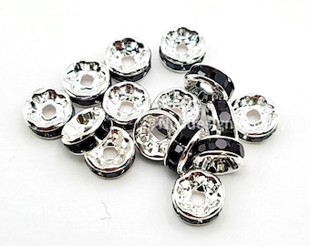 4-12mm Silver Plated Rondelle Spacer Beads with Black Rhinestones
