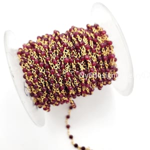 Garnet Wire Wrapped Beaded Chain - Gold Rosary Style Coiled Chain Sold By Foot Red Chain 3mm Crystal Beaded Gemstone Satellite Chain