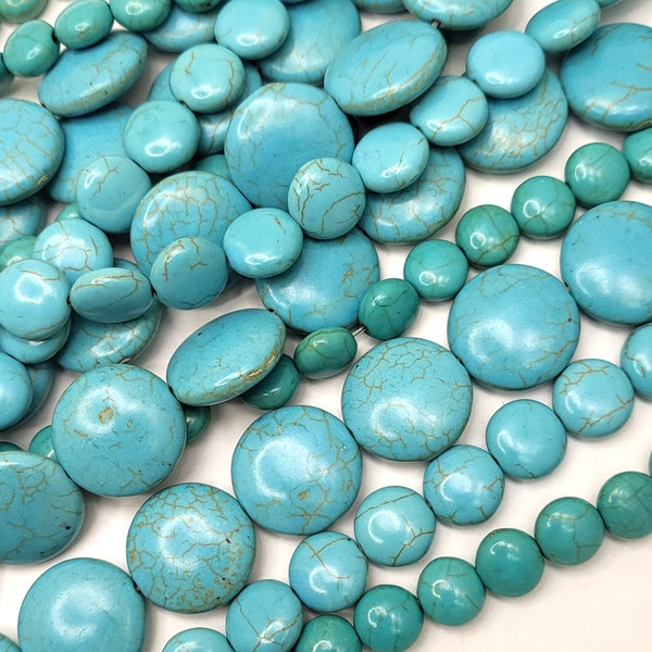 Blue Coin Bead Magnesite Turquoise Howlite Coin Bead 15" inch Strand 10mm 12mm 20mm High Quality Gemstone Crystal Healing