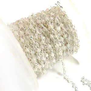 Moonstone Wire Wrapped Beaded Chain - Silver Rosary Style Coiled Chain Sold By Foot White Chain 3mm Crystal Beaded Gemstone Satellite Chain