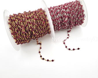 Ruby Beaded Chain - Gold Plated Wire Wrapped Rosary Chain 3mm (Sold by Foot)