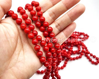 Hand-Knotted 7mm Red Coral Bead Necklace – 60" Dyed Gemstone Long Mala Style Necklace