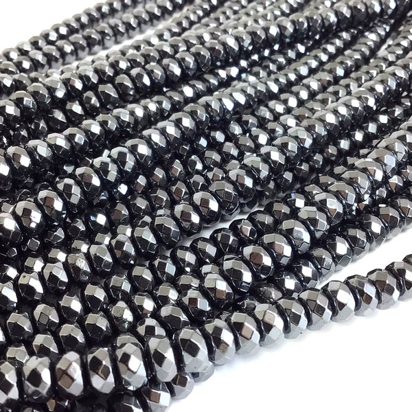 Hematite Beads Faceted Rondelle Hematite Metal Color Hematite Natural Gemstone Loose Beads 4MM 6MM 8MM 10MM 12MM Bulk Lot 15" strand