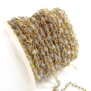 Labradorite Wire Wrapped Beaded Chain - Gold Rosary Style Coiled Chain Sold By Foot Gray Chain 3mm Crystal Beaded Gemstone Satellite Chain