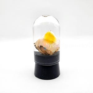 May include: A unique gemstone specimen encased in a clear glass dome. The stone features a mix of colors, including yellow, white, and brown. The dome sits on a black base, creating a striking display piece.