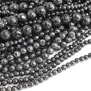 Metallic Black Gunmetal Lava Stone Volcanic Rock Round Loose Beads Healing Chakra Titanium 4mm 6mm 8mm 10mm 12mm
