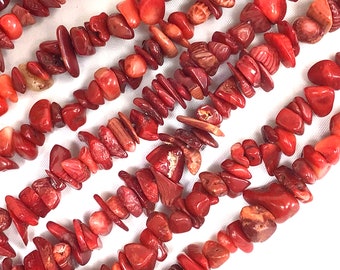 Red Coral Chip Beads 30" Strand 7-10mm