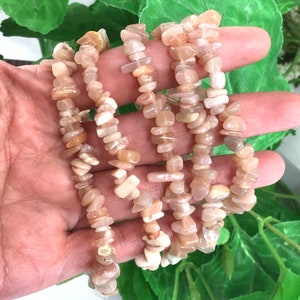 Gemstone Peach Moonstone Chips Bracelet Genuine Peach Moonstone Bracelet Natural Chips Stretch Bracelet Handmade Balance Crystal Healing