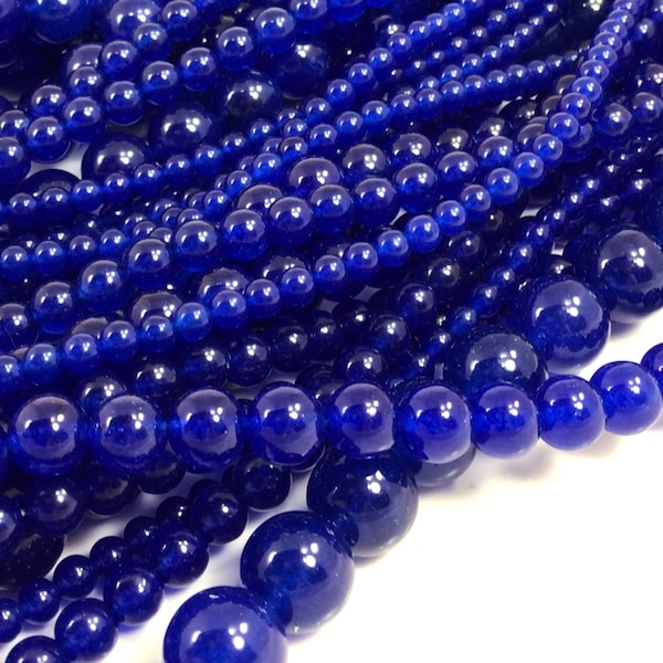 Jade Beads Royal Blue Sapphire Blue Jade Genuine Gemstone Round Loose Beads 4MM 6MM 8MM 10MM 12MM Bulk Lot Options 15" strand