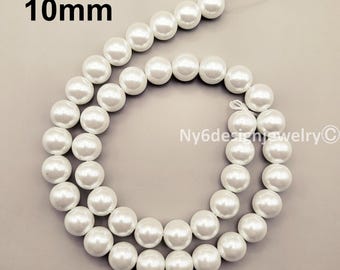 Cream White Glass Pearl 10mm Round Beads 15" Strand #13