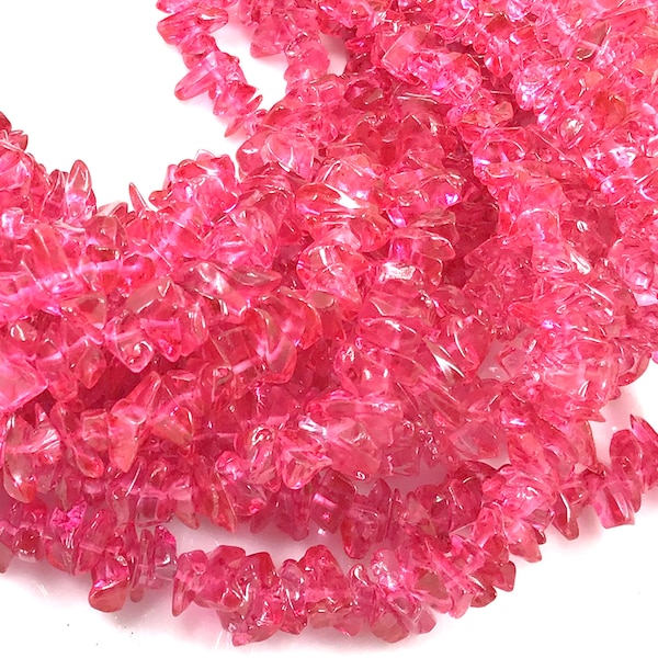 Pink Crystal Glass Chips Bead Pink Cherry Glass Chips 7mm-10mm 34" Full inch Strand High Quality Gemstone Crystal Bead Pink Glass Bead