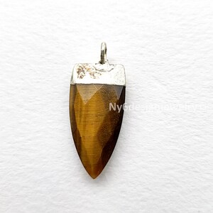 May include: A pendant with a polished, shield-shaped tiger's eye stone. The stone is a warm brown color with natural patterns. The top of the pendant is capped with a silver-colored metal loop for hanging.