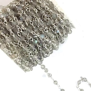 Labradorite Wire Wrapped Beaded Chain - Silver Rosary Style Coiled Chain Sold By Foot Gray Chain 3mm Crystal Beaded Gemstone Satellite Chain