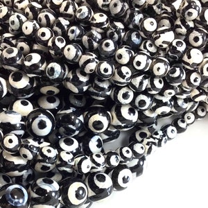 Evil Eye Dzi Round Bead Brightness DZI Agate AA Gemstone Beads Black White Tibetan 6mm 8mm 10mm 12mm 15&quot; Strand Heaven&#39;s Pearl
