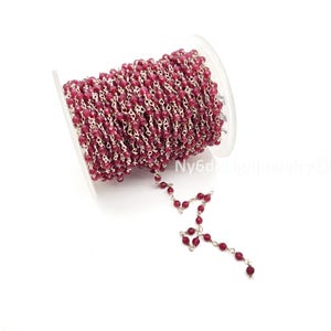 Ruby Wire Wrapped Beaded Chain - Silver Rosary Style Coiled Chain Sold By Foot 3mm Ruby Beaded Red Chain Gemstone Satellite Chain