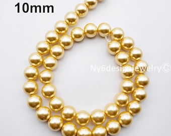 Yellow Gold Glass Pearl 10mm Round Beads 15" Strand #10