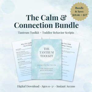 Peut inclure: Le pack Calme & Connexion, un téléchargement numérique pour les 0-3 ans. L'image montre un livre bleu clair intitulé "The Tantrum Toolkit" avec des documents d'accompagnement. Le pack comprend un kit de gestion des crises et des scripts de comportement.