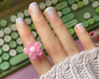 kawaii Blumenring in rosa/lila mit Glitzer glitzern mit verstellbarem Ring niedlich