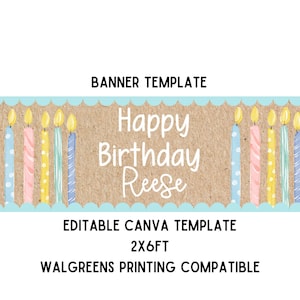 Op de afbeelding: Een verjaardagsbanner sjabloon met de tekst "Happy Birthday Reese" in het wit op een bruine achtergrond. De banner heeft kleurrijke kaarsen en een lichtblauwe geschulpte rand. De banner is 2x6 voet (61 x 183 cm).