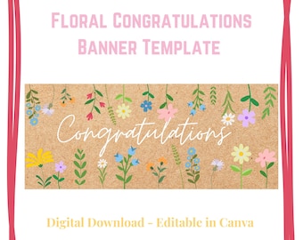 Floral Congratulations Banner Template | Hand-Painted Style (Canva Editable, Digital Download)