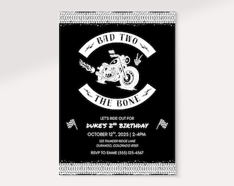 Invitación de cumpleaños de Bad Two the Bone, 5x7, temática de motocicleta (plantilla editable)