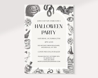 May include: A black and white Halloween party invitation with a decorative border of spooky illustrations. The invitation text reads "Join us if you dare for a Halloween Party" with event details. RSVP by October 10th.