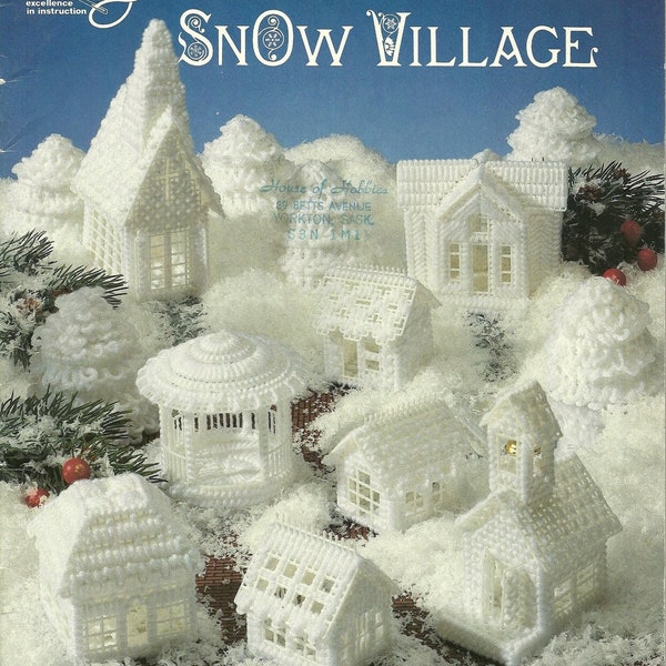 Snow Village Booklet in Plastic Canvas. Digital Download. Patterns for 8 buildings plus trees. Chapel, Schoolhouse, and more! Needlepoint