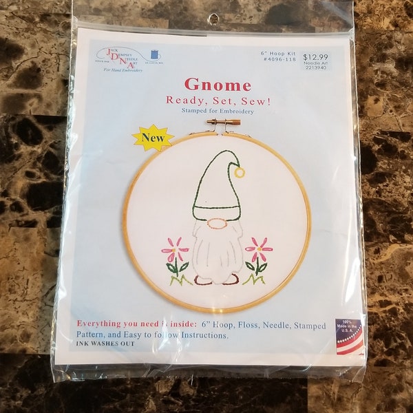 Gnome Embroidery Complete Kit, Printed Fabric, would be great for kids or teens!! Jack Dempsey Needle Art, 6 inch Hoop Kit