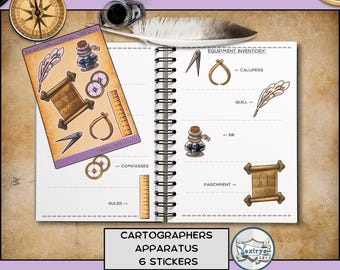 Cartographer Apparatus Sticker Sheet Gift for Friend Fantasy Gift for Role Player Gift for Fantasy Lover of TTRPG Game accessory sticker set
