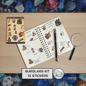 May include: A set of 13 illustrated stickers for a Dungeons and Dragons game. The stickers are on a white sheet of paper with the words "Burglar's Pack" and "Vexirre Guild Shoppe" printed on the sheet. The stickers depict various items a burglar might carry, such as a waterskin, rope, crowbar, and a tinderbox.