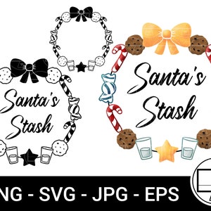 May include: A black and white illustration of a Christmas wreath with the text "Santa's Stash" inside. The wreath is decorated with candy canes, cookies, and milk glasses. A colourful version of the wreath is also shown with the same text.
