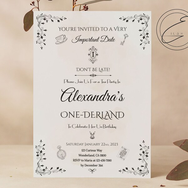 One-derland Birthday Invite Template | DIY Editing | Onederland | 1st | Tea Party | Birthday | Alice in Wonderland | Formal | Personalize