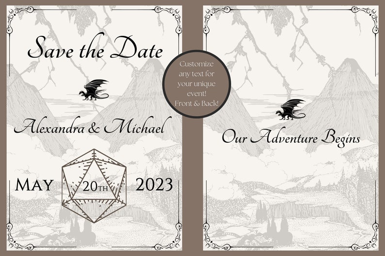 D&D Save the Date Template Dungeons and Dragons Theme TTRPG DIY Personalize Wedding Event Planning D20 Dice Customizable image 3