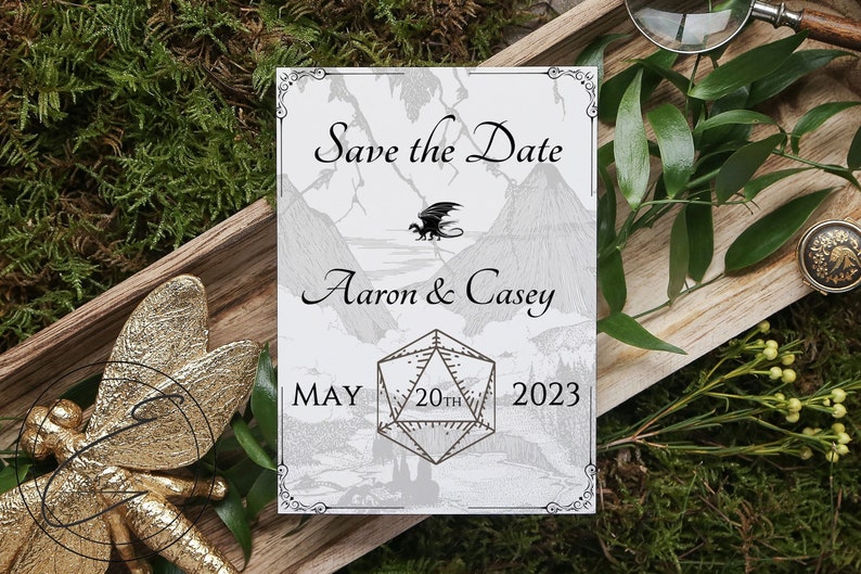 D&D Save the Date Template Dungeons and Dragons Theme TTRPG DIY Personalize Wedding Event Planning D20 Dice Customizable image 1