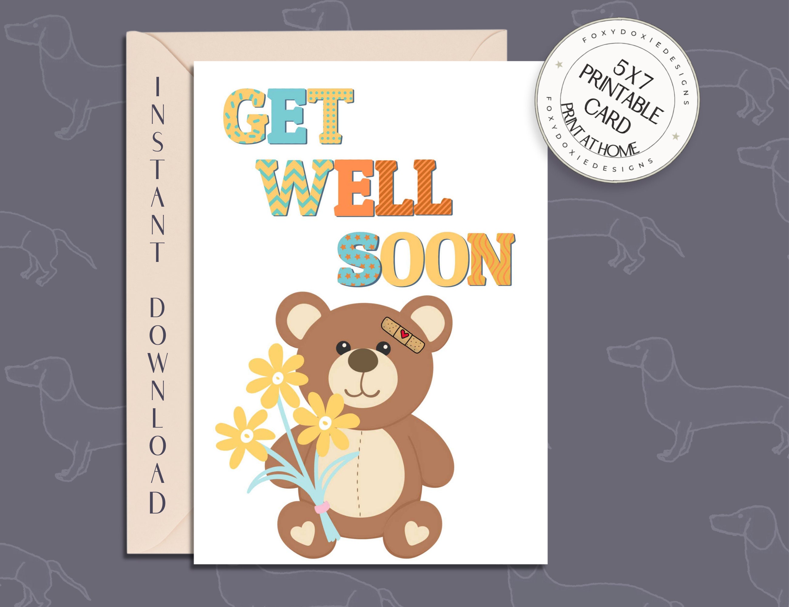 GET WELL SOON Cartoon Teddy Bear in Hospital Gown 7x9.5 Greeting Card Art  #9544