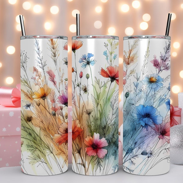 Wild Flowers Skinny Tumbler 20 ounce "Wild Flowers Garden Skinny Tumbler Wrap PNG skinny tumbler sublimation