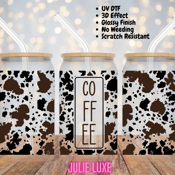 UV DTF Coffee Cow Print | Ready to Apply Cup Wrap | No Heat Needed | Permanent Adhesive | Waterproof