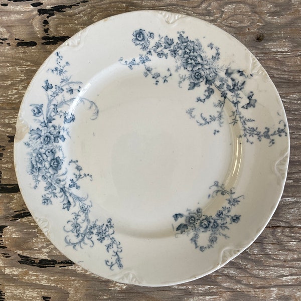 Vintage Blue Floral Transferware Plate - Vintage Ironstone - Blue Flowers