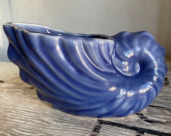 Vintage Blue Pottery Shell Planter  - Vintage Ceramic Flower Vase - USA Pottery - Mid-Century Pottery - Blue Glaze - Coastal - Beach