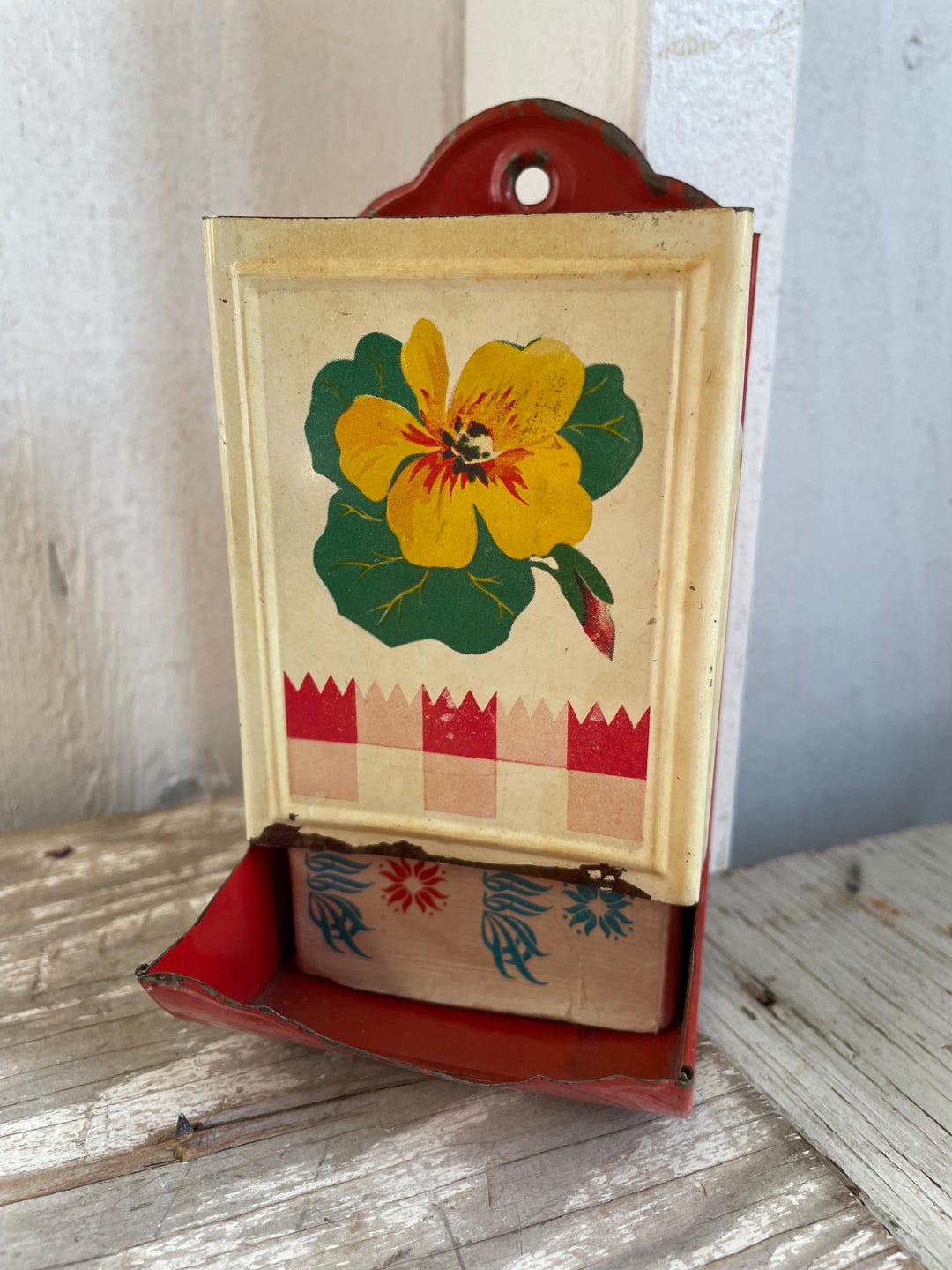 Vintage Metal Matchbox Holder Yellow Flower and Red Wall Mount Match