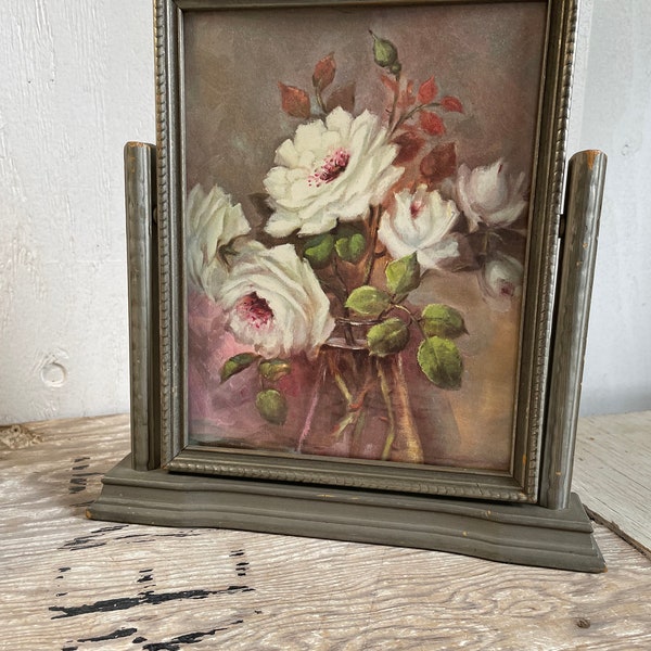 Vintage Framed Floral Print - Hinged Swivel Standing Frame - Wooden Desk Frame - Pink and White Roses and Floral Print