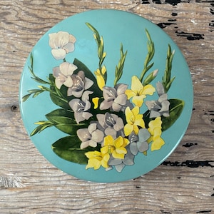 Vintage Floral Tin - Powder Blue Round Tin with Colorful Flowers - Metal Tin with Lid