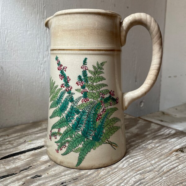 Vintage Stained Ironstone Pitcher - Ferns and Flowers - Heavy Staining and Crazing