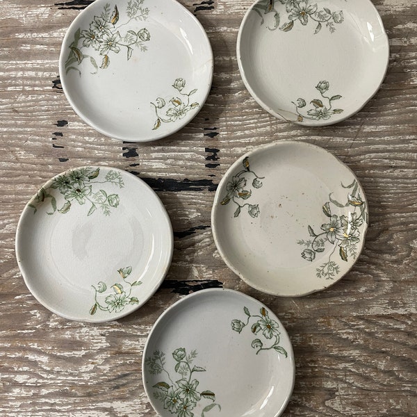 Vintage Set of 5 Ironstone Butterpats - English Transferware Butter Pats - J and G Meakin - Green Floral - England - Avon Pattern