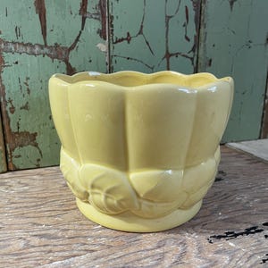 May include: A pale yellow ceramic planter with a scalloped rim and leaf design. The planter has a rounded shape and is made of ceramic. The planter is sitting on a wooden surface.