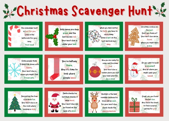 Christmas Scavenger Hunt Printable Christmas Treasure Hunt Clues Indoor Christmas Treasure Hunt for Kids Etsy
