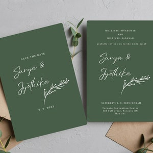 May include: Save the date card with a green background and white text. The card says "Save the Date" and features the names "Surya & Jyothika" with a small floral design. The date "9.9.2023" is printed below the names. The second card is a wedding invitation with the same green background and white text. The invitation says "MR. & MRS. SIVAKUMAR AND MR. & MRS. SADANAH joyfully invite you to the wedding of Surya & Jyothika" with a small floral design. The date and time of the wedding are printed below the names: "SATURDAY 9.9.2023 9:30AM Toronto Convention Center 123 Fall drive, Toronto ON MST 317"