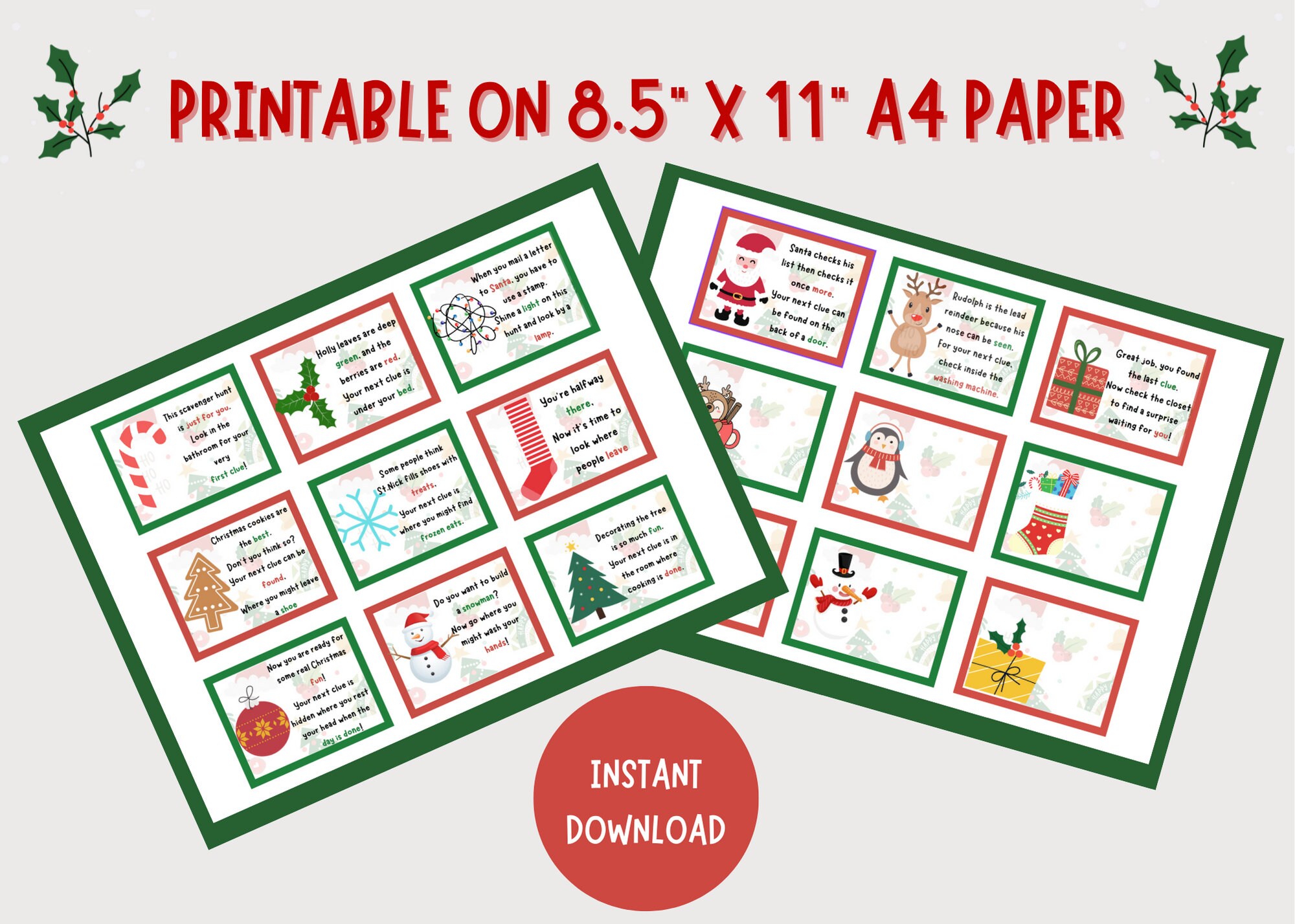 Christmas Scavenger Hunt Printable, Christmas Treasure Hunt Clues